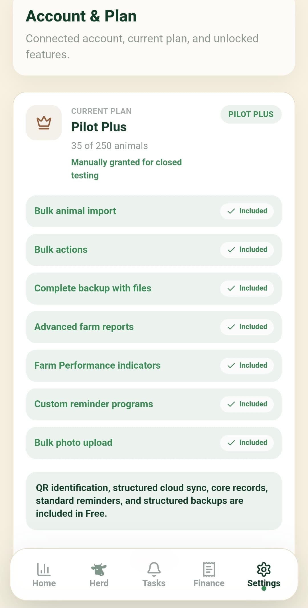 SmartHerd account and plan screen showing included advanced farm features.