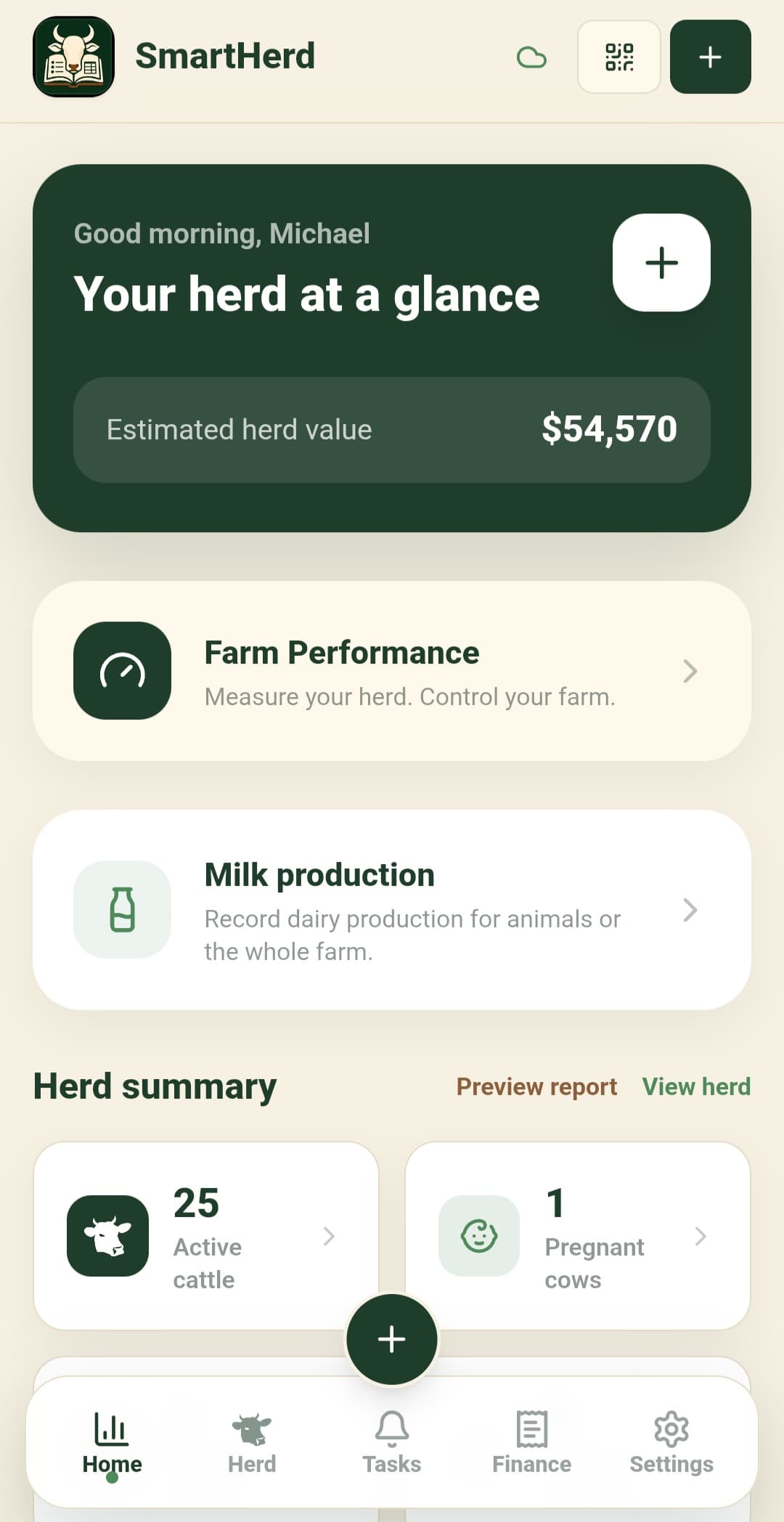 SmartHerd home dashboard showing herd value, farm performance, milk production, and herd summary.